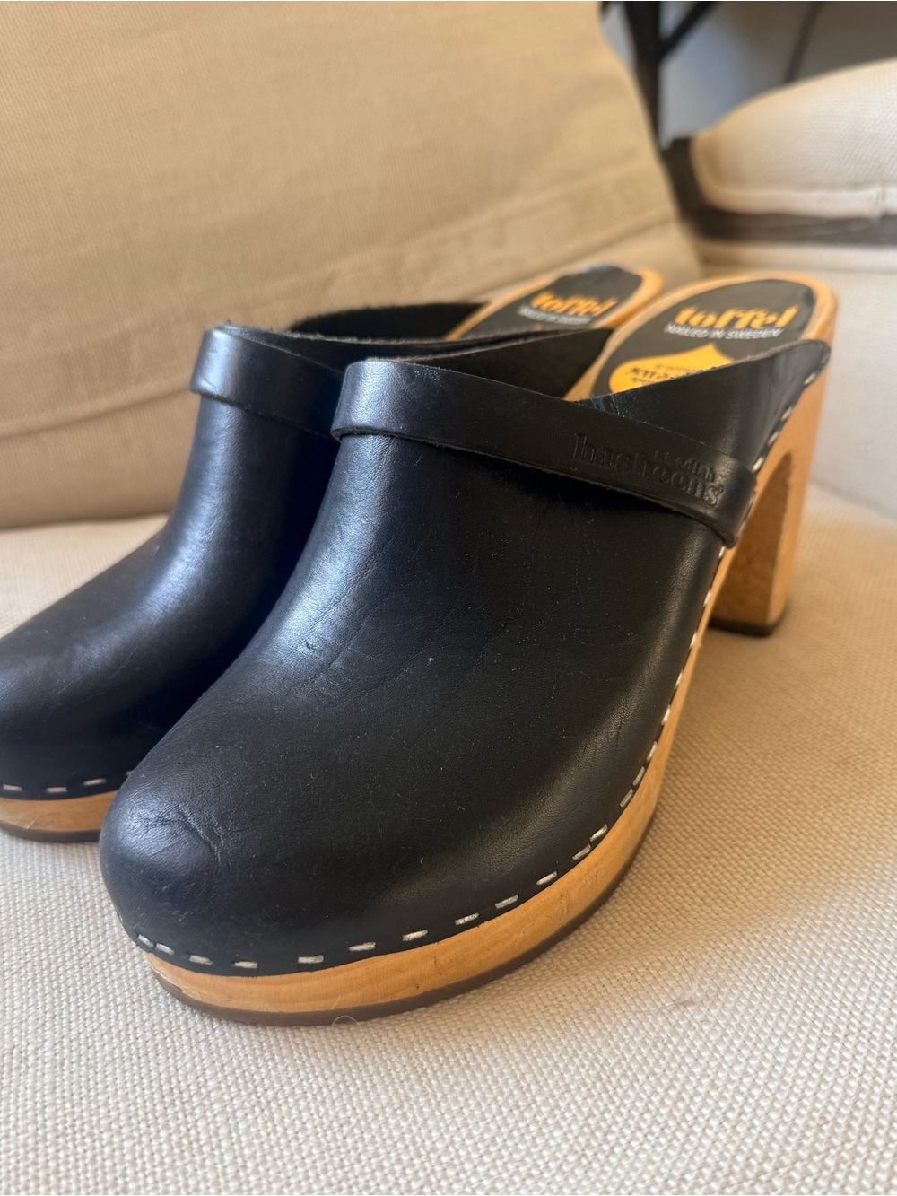 Swedish Hasbeens Black Leather Clogs with Natural Wood Heel